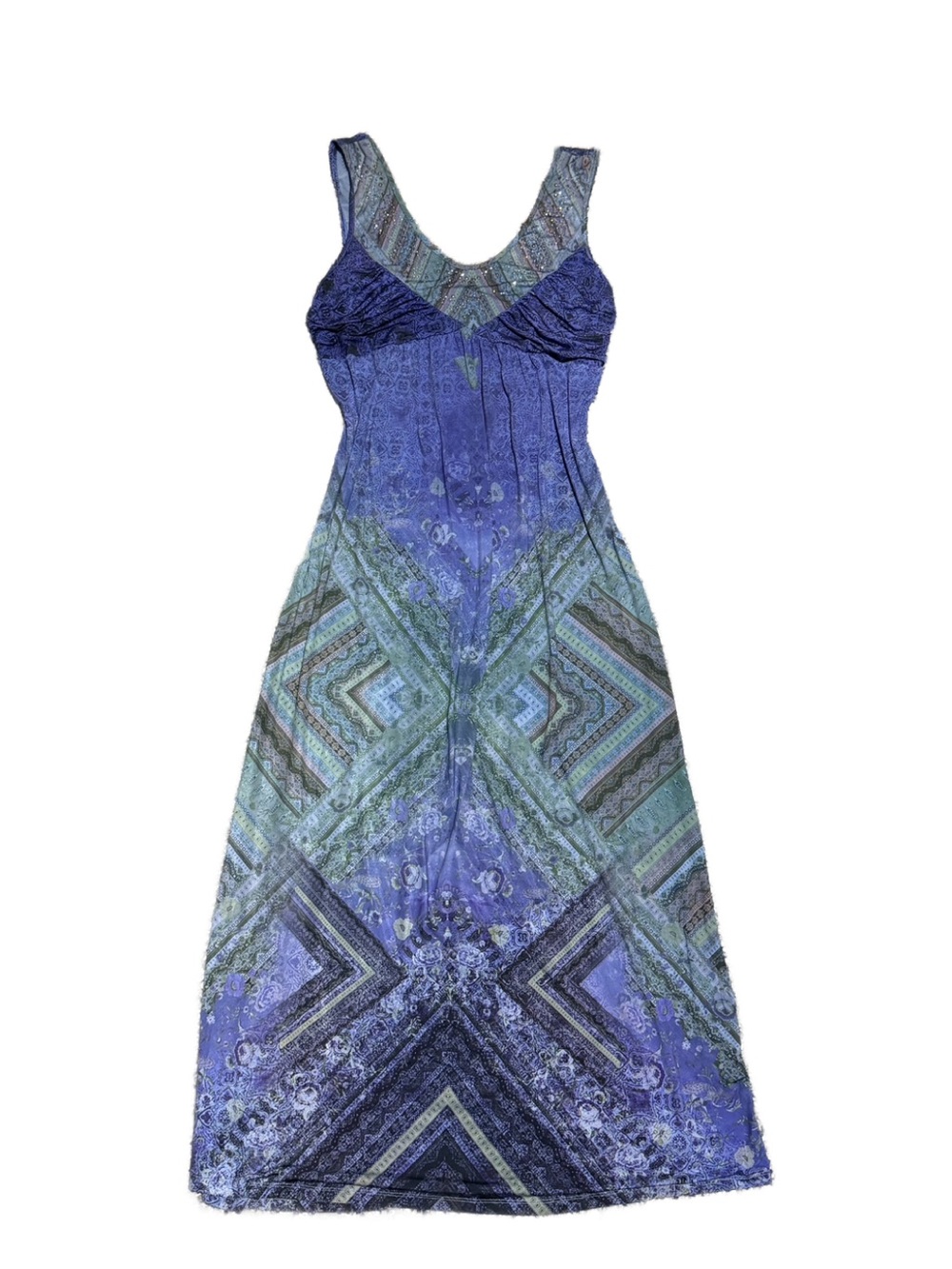 Y2K Sleeveless Blue Ombre Maxi Dress with Geometric Print and Bling Neckline